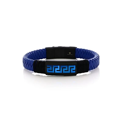 Stainless Steel, Braided Leather Greek Key Bracelet