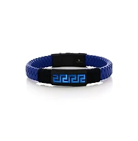 Stainless Steel, Braided Leather Greek Key Bracelet