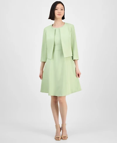 Le Suit Women's Collarless Open-Front Bolero & Scoop-Neck Sleeveless Fit Flare Dress Set, Regular Petite