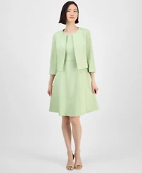 Le Suit Women's Collarless Open-Front Bolero & Scoop-Neck Sleeveless Fit Flare Dress Set, Regular Petite