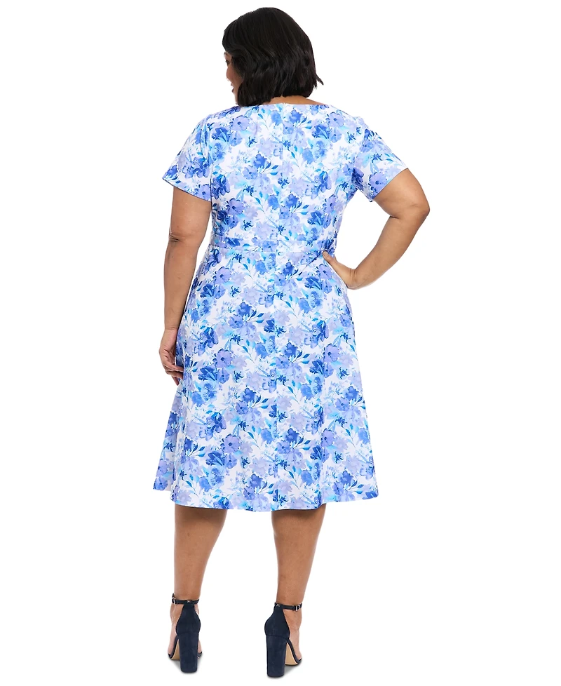 London Times Plus Size Floral-Print Bow Fit & Flare Dress