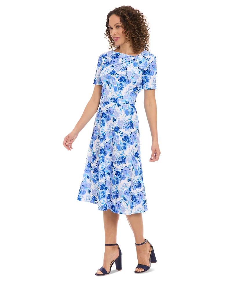 London Times Petite Floral-Print Bow-Neck Midi Dress