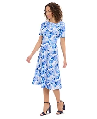 London Times Petite Floral-Print Bow-Neck Midi Dress