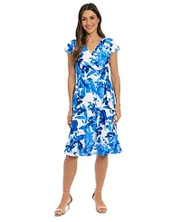 London Times Petite Floral Flutter-Sleeve Ruffle Dress