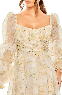 Mac Duggal Women's Sweetheart Balloon Sleeve Chiffon Tiered Gown