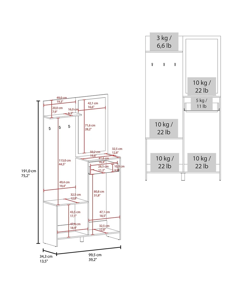 Fm Furniture Elko Hall Tree Multistorage with a Mirror, Natural Oak