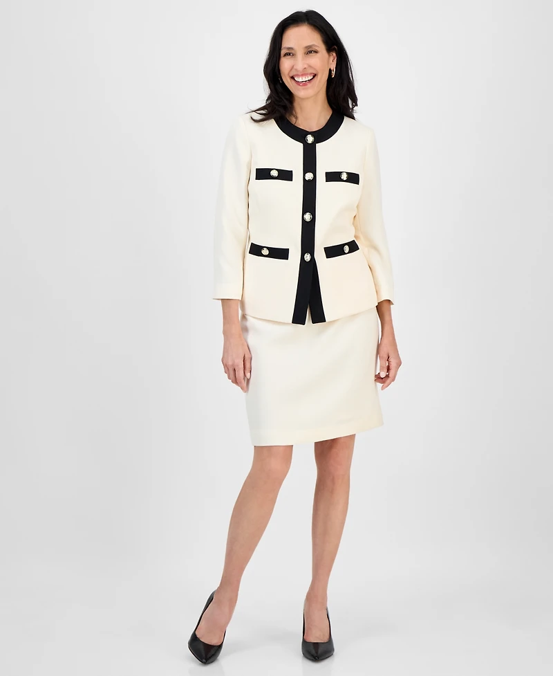 Le Suit Women's Tipped 3/4-Sleeve Jacket And Skirt Set, Regular & Petite