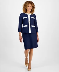 Le Suit Women's Tipped 3/4-Sleeve Jacket And Skirt Suit Set, Regular & Petite