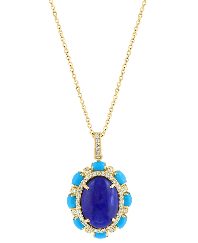 Effy Lapis Lazuli, Sleeping Beauty Turquoise & Diamond (1/4 ct. t.w.) Pendant Necklace in 14k Gold, 17" + 1" extender