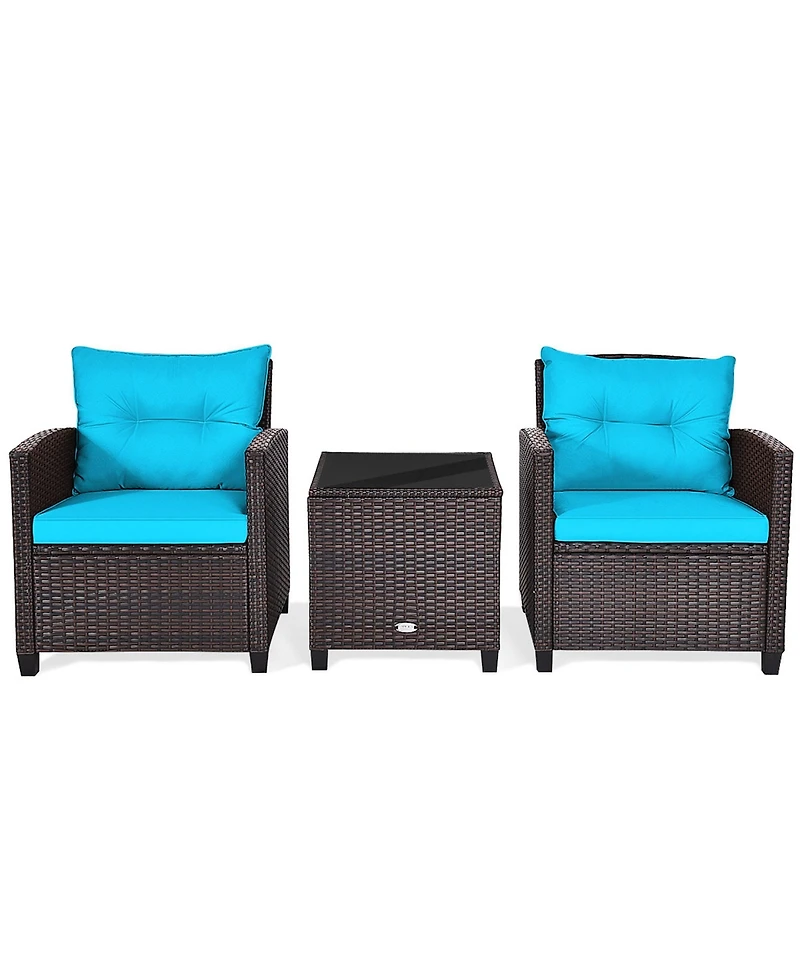 Gymax 3PCS Outdoor Patio Rattan Conversation Set w/ Cushion Coffee Table