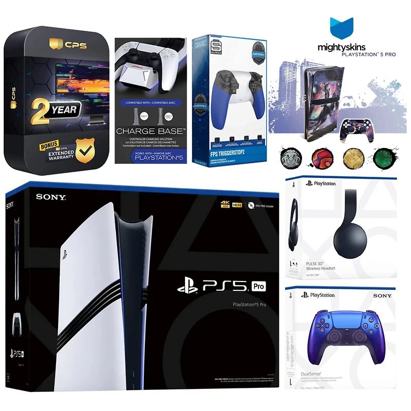 Sony Playstation 5 Pro Bundle with Pulse Headset, Extra Controller, Trigger Stop Kit, Dual Charge Dock and MightySkins Decal Voucher Plus 2 Year Cps E