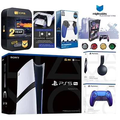 Sony Playstation 5 Pro Bundle with Pulse Headset, Extra Controller, Trigger Stop Kit, Dual Charge Dock and MightySkins Decal Voucher Plus 2 Year Cps E