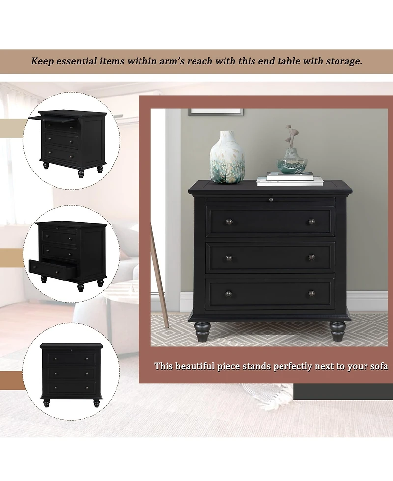 3-Drawer Storage Wood Cabinet, End Table with Pull out Tray