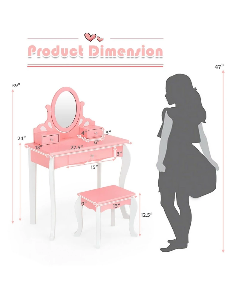 Kids Vanity Princess Makeup Dressing Table Stool Set with Mirror and Drawer