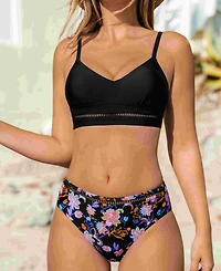 Cupshe Women's V Neck Crisscross Back Self Tie Ladder Trim Bikini Sets