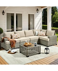 Xizzi Outdoor Patio Furniture Set,6 Pieces Rattan Sectional Set,Outside Coversation Set with Extra Deep Sofa Couch and Solar C
