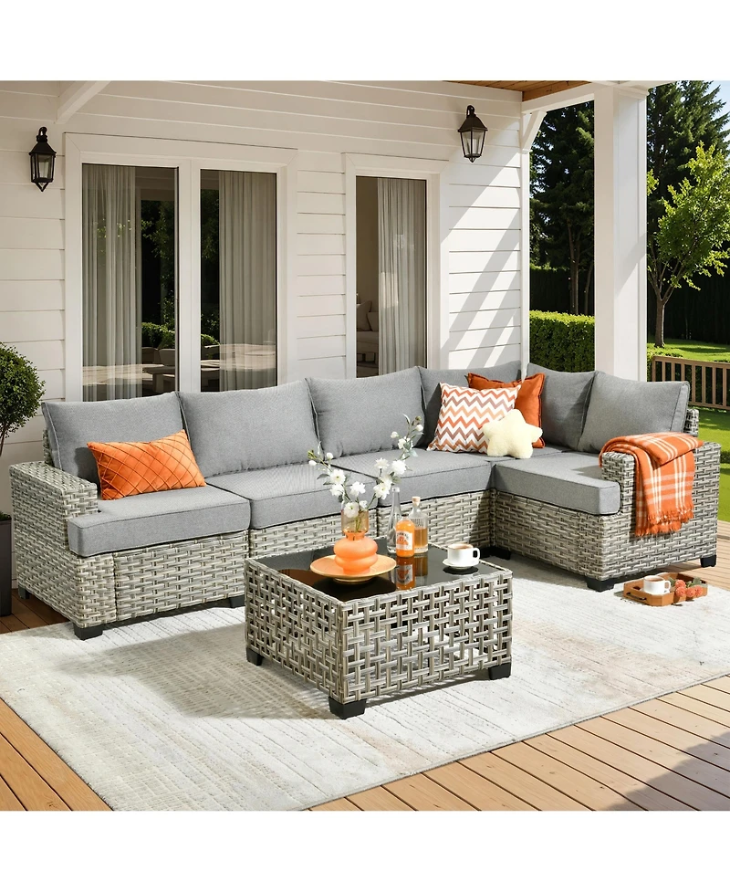 Xizzi Outdoor Patio Furniture Set,6 Pieces Rattan Sectional Set,Outside Coversation Set with Extra Deep Sofa Couch and Solar C