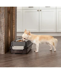 Iris Usa 2-in-1 Elevated Dog Bowls 6" H with Airtight Pet Food Storage Container 5 Lbs, 16 oz Stainless Steel Bowls, Smoke/Black