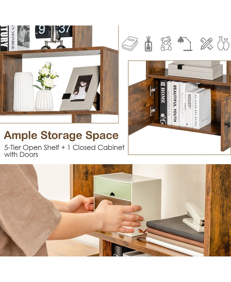 6-Tier S-Shaped Freestanding Bookshelf with Cabinet and Doors