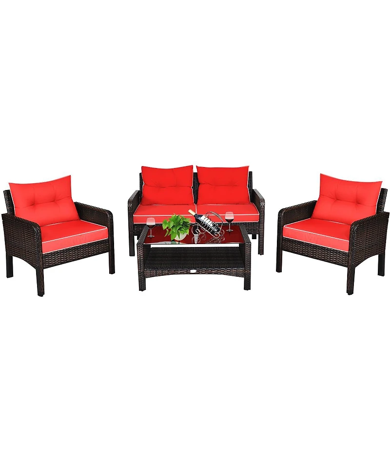 Costway 4PCS Patio Rattan Furniture Set Loveseat Sofa Coffee Table Garden W/Red Cushion