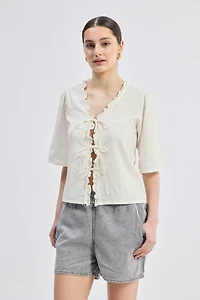 Reistor Women's Relaxed Fit Top With Ruffles and Front-Ties Cream
