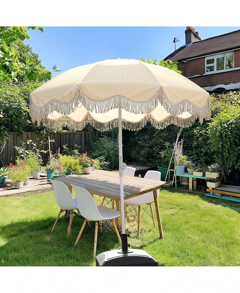LAGarden 6Ft Fringe Patio Umbrella with Push Button Tilt Carry Bag UV30+ Outdoor Beach Yard Pool Party Deck Purple Stripe