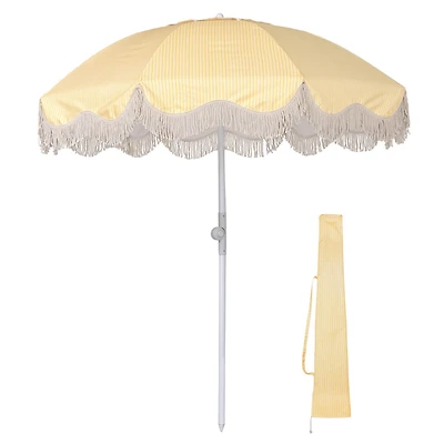 LAGarden 6Ft Fringe Patio Umbrella with Push Button Tilt Carry Bag UV30+ Outdoor Beach Yard Pool Party Deck Purple Stripe
