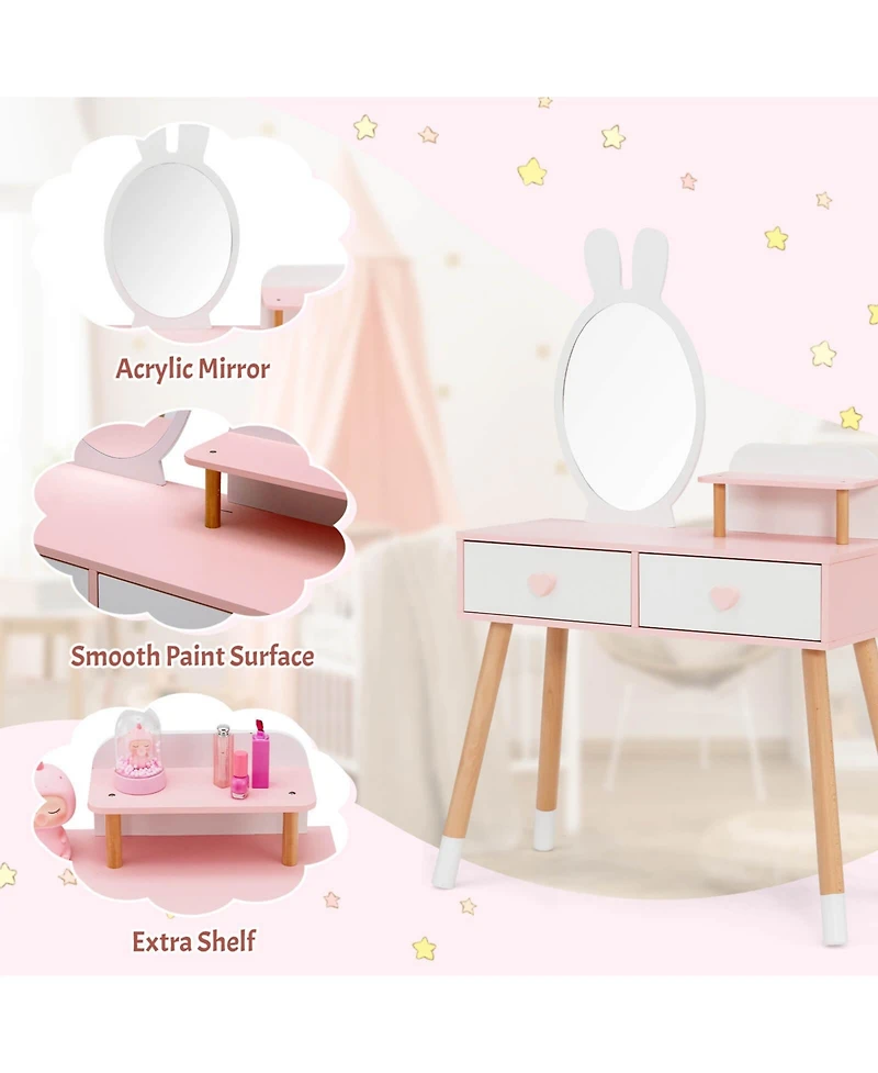 2 in 1 Wooden Princess Kids Vanity Set with Mirror