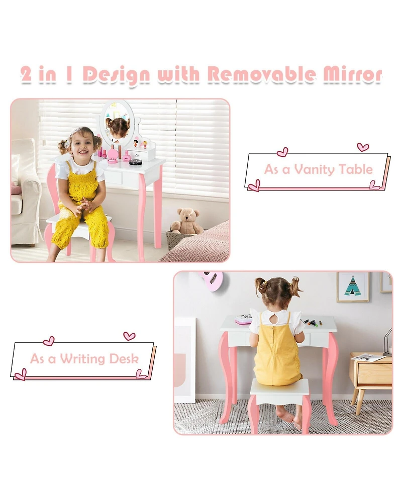 Kids Vanity Princess Makeup Dressing Table Stool Set with Mirror and Drawer