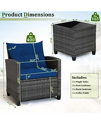Gymax 3 Piece Patio Rattan Wicker Sofa Set w/ Cushions Glass Tabletop