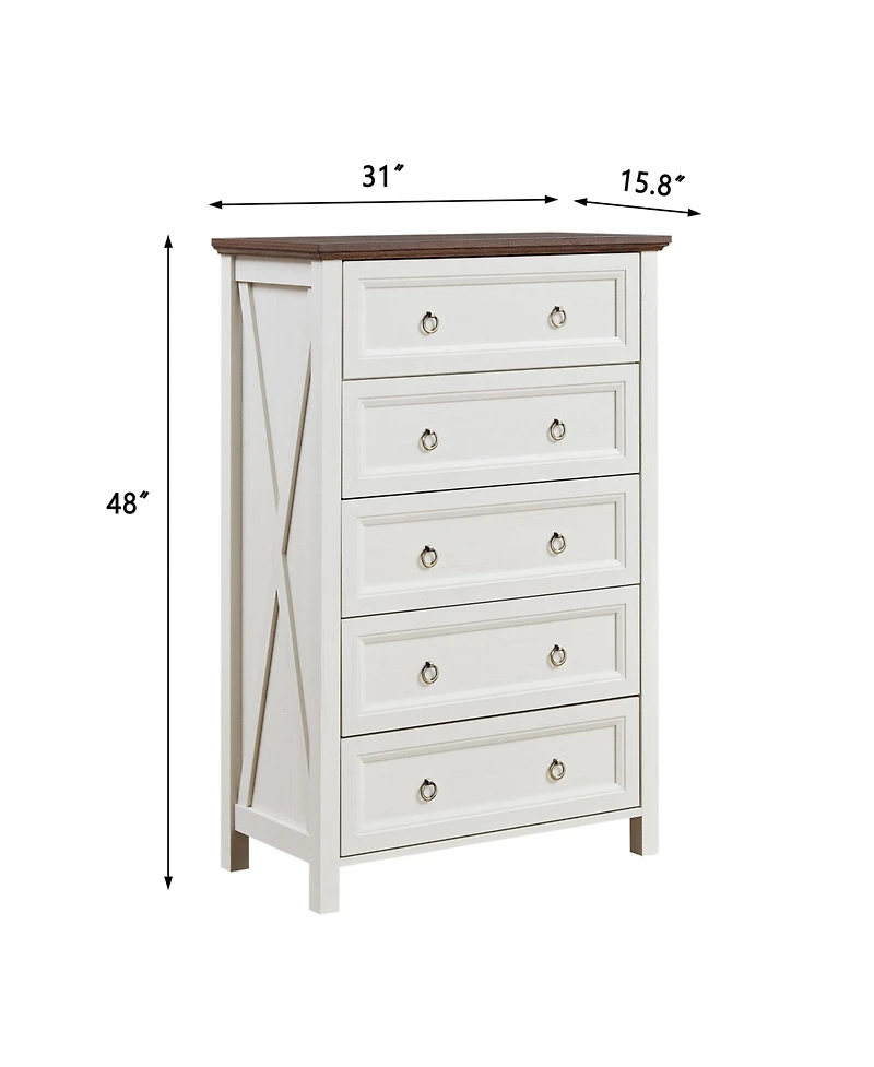 Farmhouse 5 Drawers Dresser Chests for Bedroom, Wood Rustic Tall Chest of Drawers, Dressers Organizer for Bedroom, Living Room, Hallway