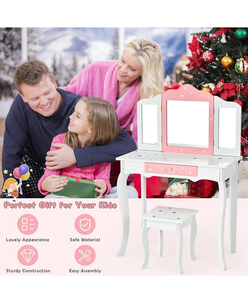 Kids Princess Vanity Table and Stool Set with Tri-folding Mirror and Drawer