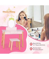2-in-1 Children Vanity Table Stool Set with Mirror