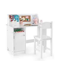 Wooden Kids Study Desk and Chair Set with Storage Cabinet and Bulletin Board