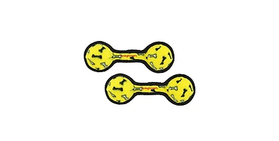 Tuffy Jr 2 Ball Tug Yellow Bone, 2 Pack Durable Squeaky Dog Toy