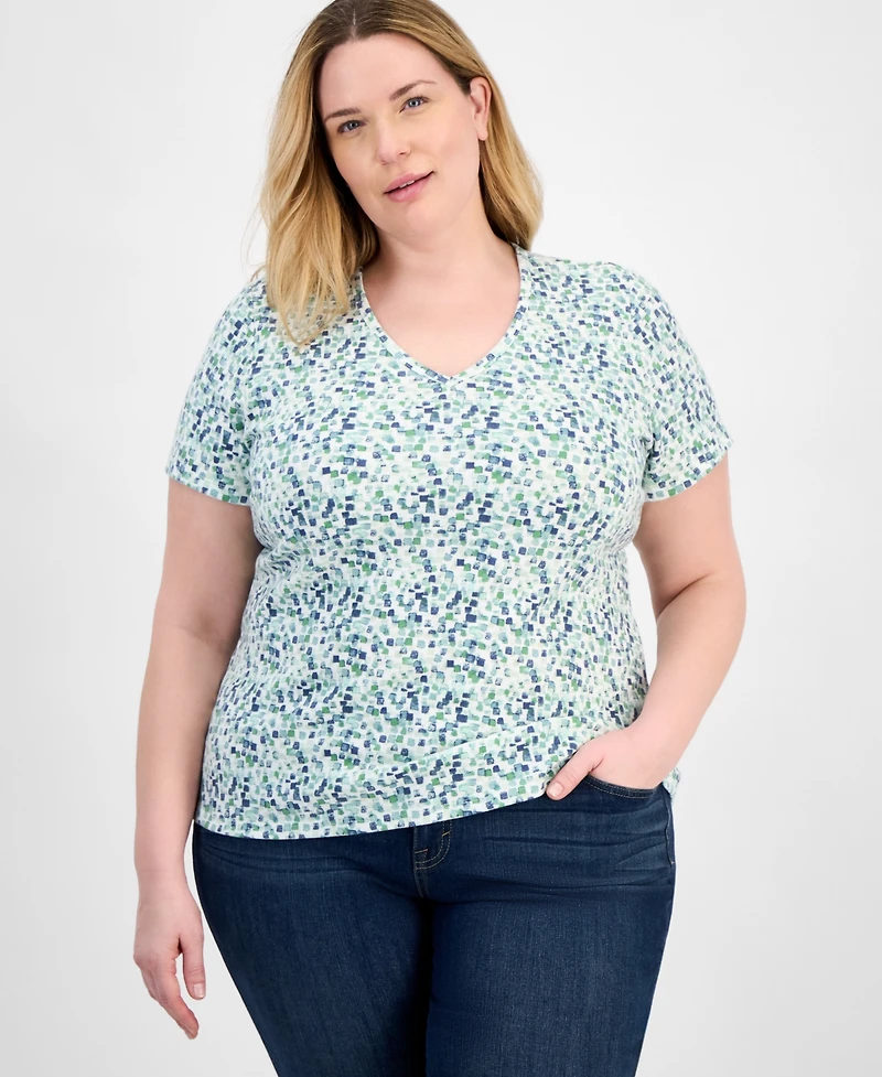 Style & Co Plus Size Printed V-Neck Tee, Exclusively at Macy's
