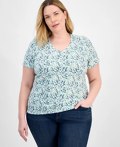 Style & Co Plus Size Printed V-Neck Tee, Exclusively at Macy's