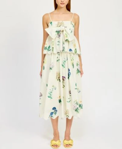 En Saison Womens Ashley Cotton Babydoll Peplum Top Ashley Floral Print Belted Scalloped Hem Cotton Midi Skirt