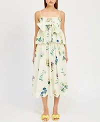 En Saison Womens Ashley Cotton Babydoll Peplum Top Ashley Floral Print Belted Scalloped Hem Cotton Midi Skirt