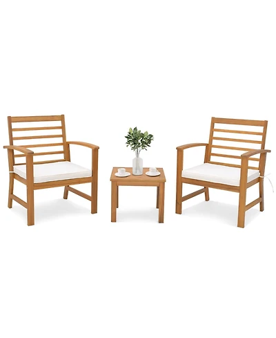 Gymax 3 Piece Outdoor Furniture Set Acacia Wood Conversation Set w/ Cushions