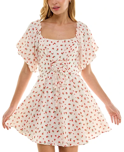 Crystal Doll Juniors' Printed Lace-Up Bubble-Sleeve Skater Dress