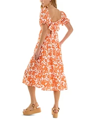 Crystal Doll Juniors' Floral-Print Bow-Back Puff-Sleeve Woven Dress