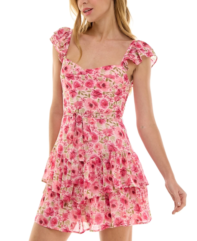 Crystal Doll Juniors' Floral-Print Tie-Front Flutter-Sleeve Tiered-Hem Dress