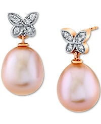 Pink Baroque Cultured Freshwater Pearl (9mm) & Diamond (1/10 ct. t.w.) Butterfly Drop Earrings In 14k Rose Gold