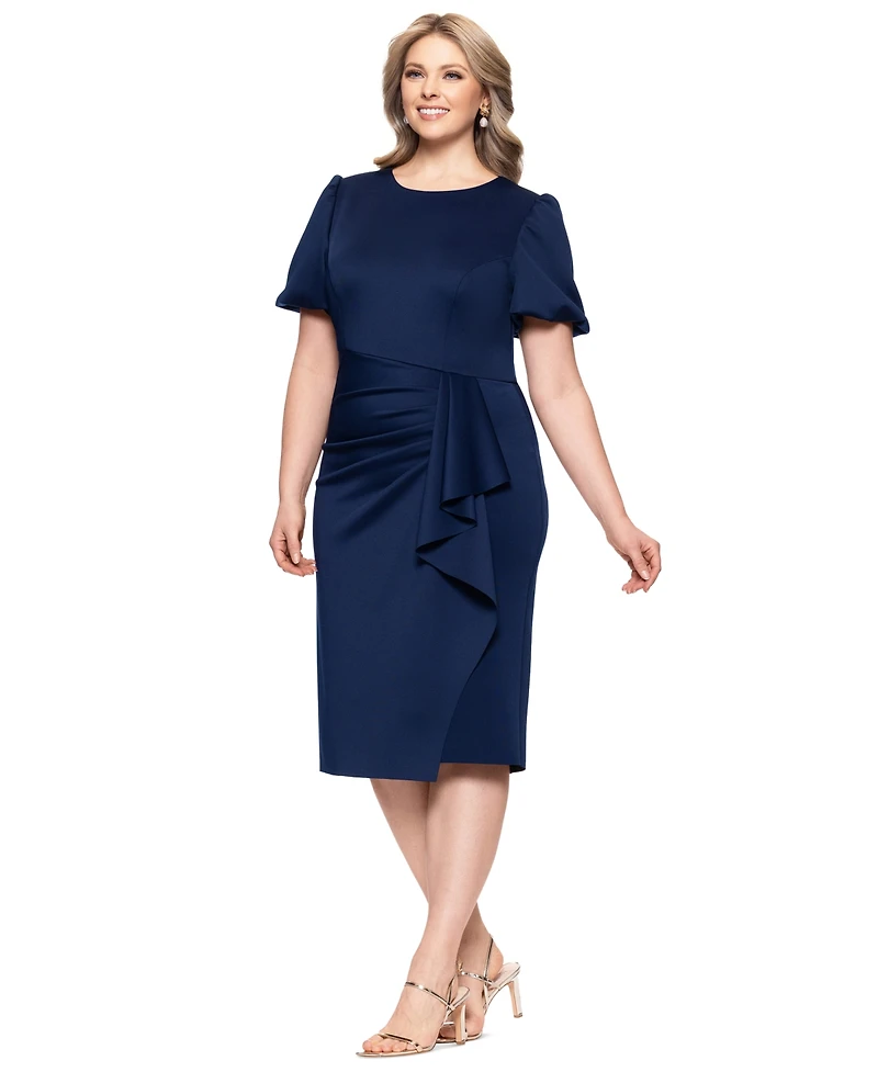 Xscape Plus Short-Sleeve Boat-Neck Draped Sheath Dress