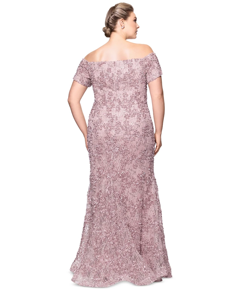 Xscape Plus Size Short-Sleeve Lace Off-The-Shoulder Gown
