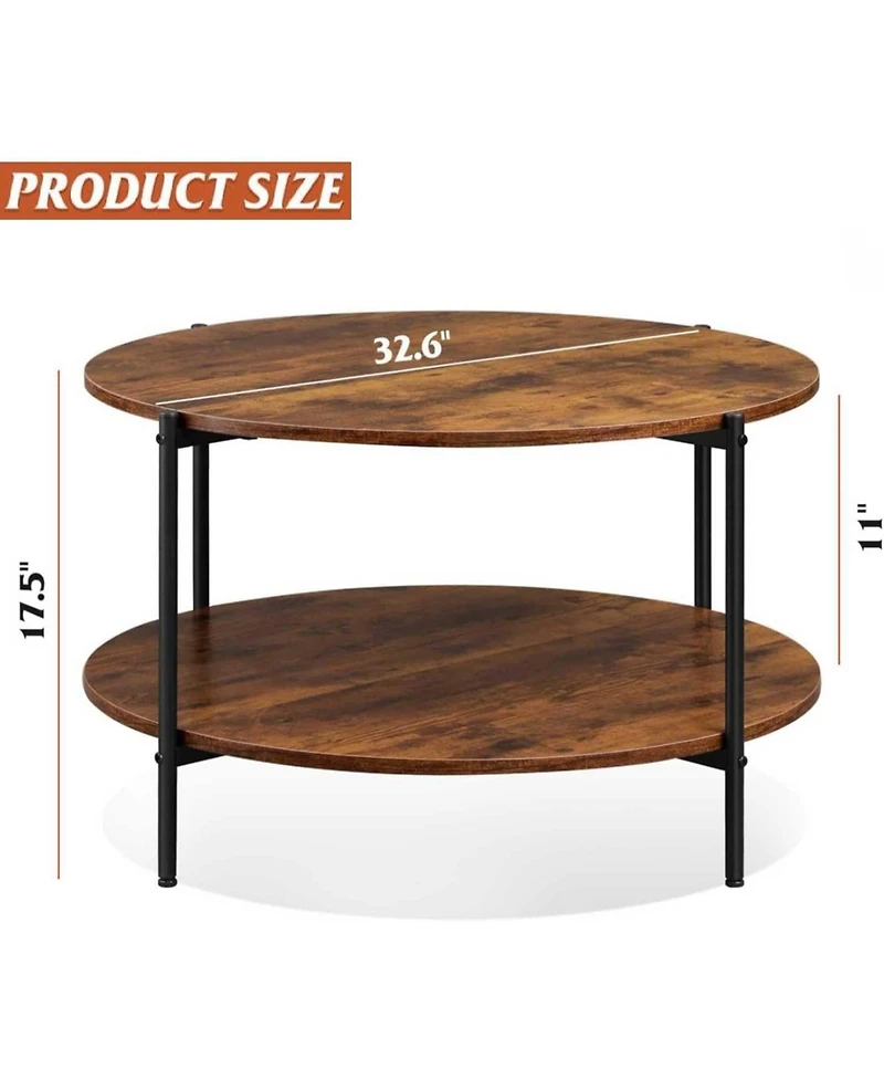 Wlive Round Coffee Table, Living Room Table with 2-Tier Storage Shelf, 32in Wood Modern Coffee Table with Metal Frame and Wood Desktop,Easy Assembly