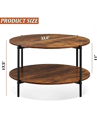 Wlive Round Coffee Table, Living Room Table with 2-Tier Storage Shelf, 32in Wood Modern Coffee Table with Metal Frame and Wood Desktop,Easy Assembly