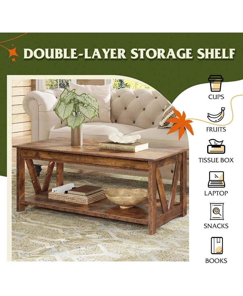Wlive Farmhouse Coffee Table,Living Room Table with Storage,43 in Wood Center Table with V-Shaped Frame for Home Office,Apartment,Rustic Brown