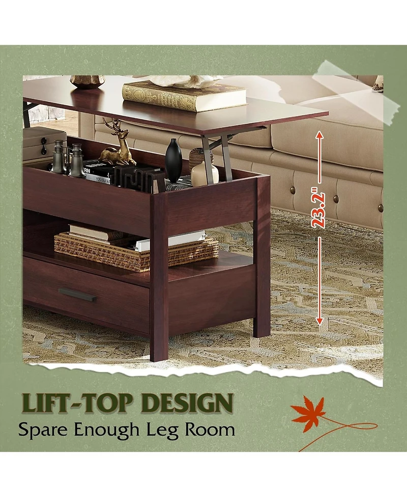 Wlive Lift Top Coffee Table for Living Room,Coffee Table with Storage,Hidden Compartment and Metal Frame, Central Table for Reception Room,Espresso